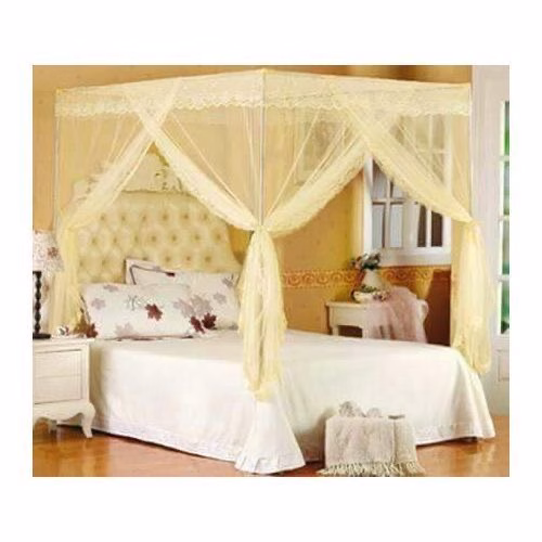 Steel Flat Mosquito Net With Pole Stands - Cream top design may vary -