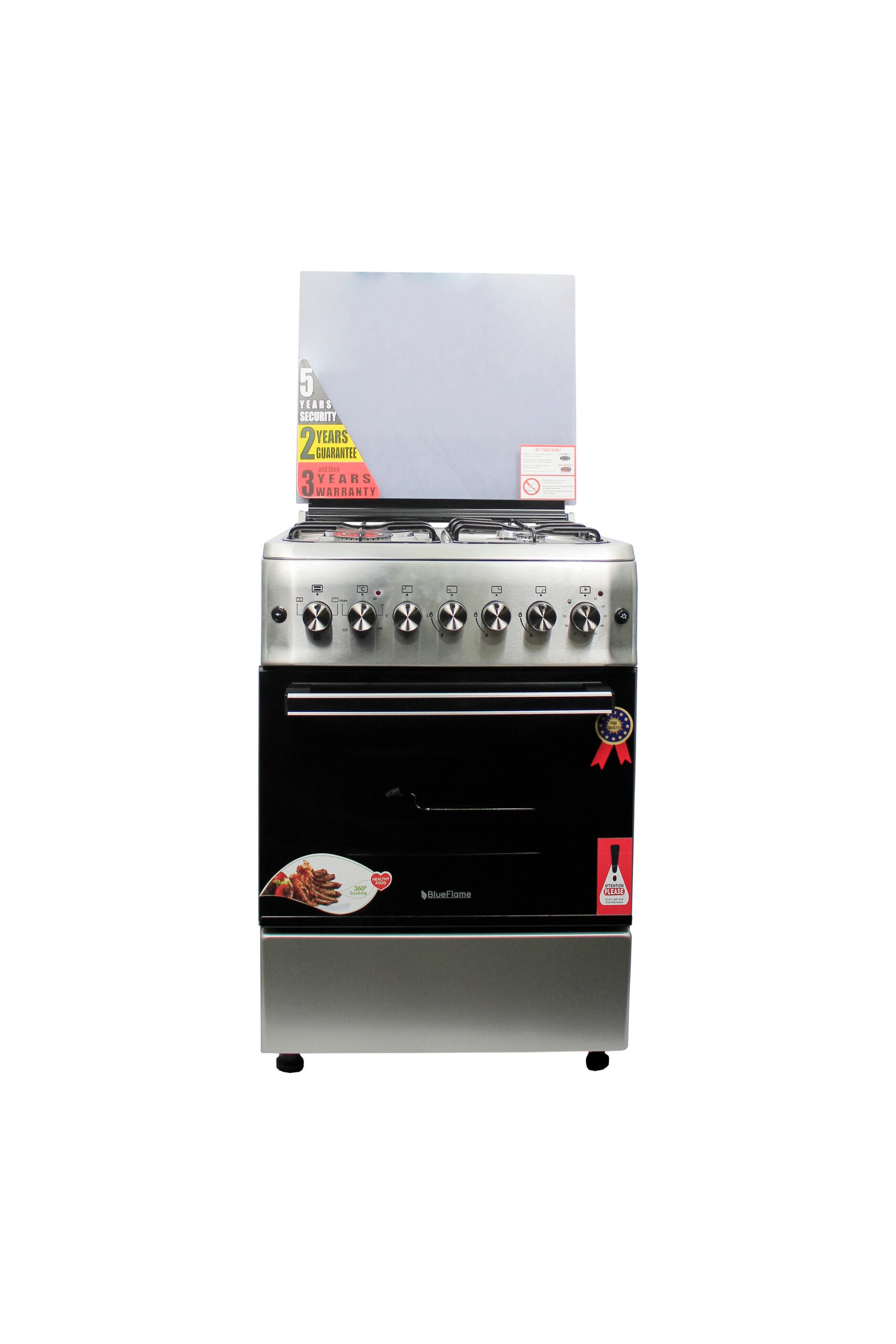 BlueFlame Cooker 60x60cm, 3 Gas Burners And 1 Electric Plates S6031EFRP – L, Electric Oven & Grill, Rotisserie, Oven Fan, Thermostat, Auto Ignition, Timer - Inox