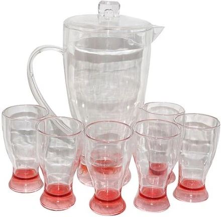 Acrylic Jug With 6 Tumblers Glasses- Red.