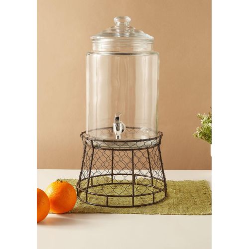 5.6 L Rooster Glass Beverage Dispenser with Metal Fence Stand and Glass Lid Sun Tea Jar with Spigot Entertainment Kitchen Glassware Drink Water Pitcher for Kombucha Juice