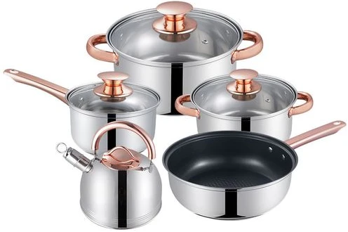 8 PC Stainless Steel Saucepans Cookware Pots With Kettle And Frying Pan - Multi-Colours .