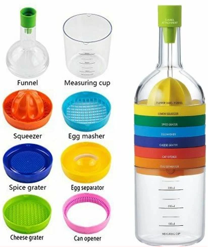 8-in-1 Kitchen Tool Set Multipurpose Bottle Funnel, Flower Vase, Lemon Squeezer, Spice Grater, Egg Masher, Cheese Grater, Cap Opener, Egg Separator, and Measuring Cup