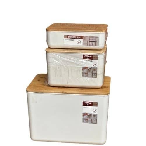 3 Pack Plastic Storage Bins With Bamboo lids Stackable Containers Organizer Boxes Baskets For Home Kitchen And Office Box Clothing Toys And Shelf Books Cubes- Cream