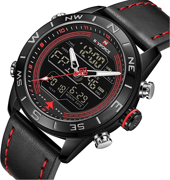 NAVIFORCE Men's Waterproof Sport Watches Leather Digital Analog Watch Luxury Casual Dual Time Wristwatch