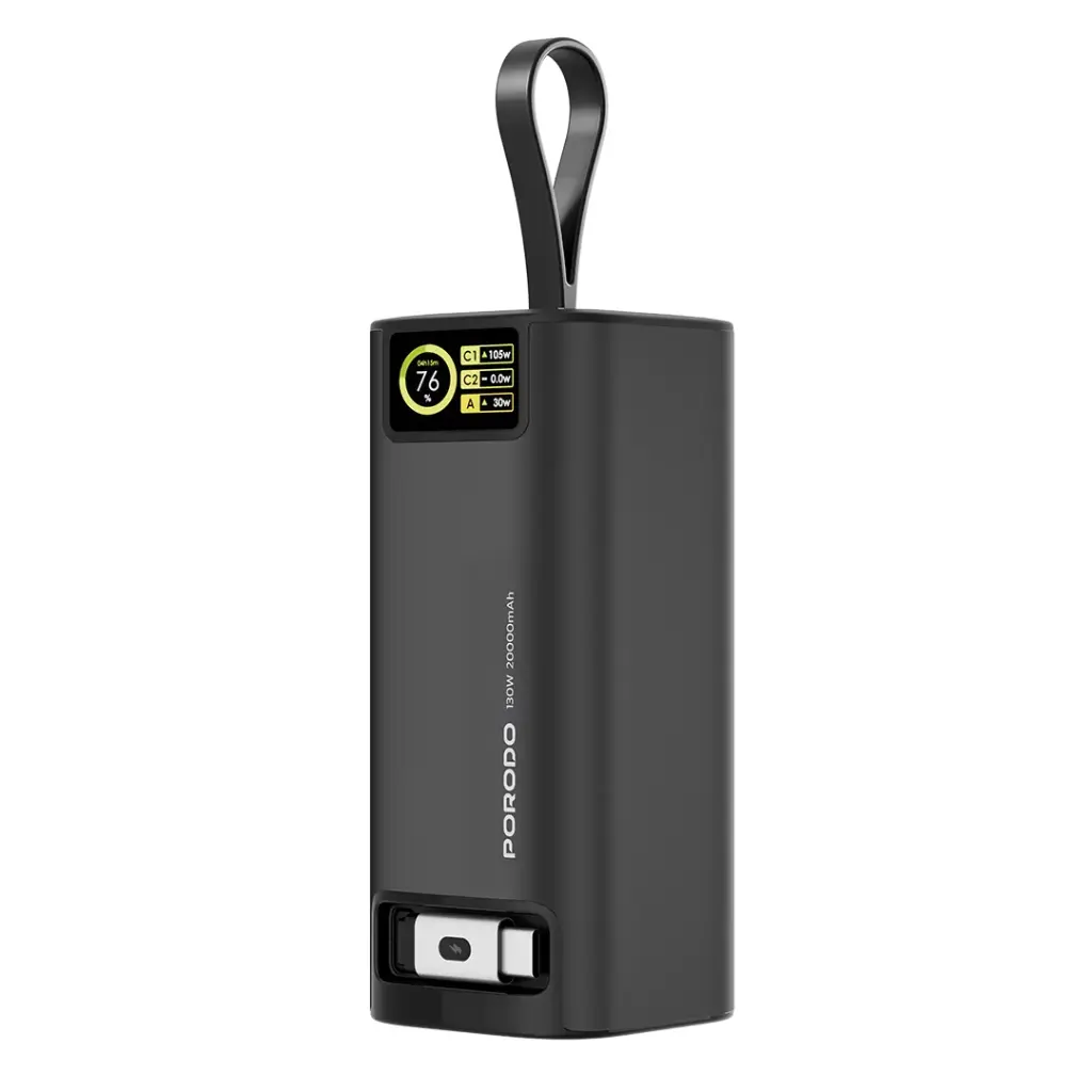 Porodo 20000mAh 130W Power Bank with 1 Meter Retractable Type-C Cable / PD 100W Rapid Charging / Input/Output / Info Display / Laptop Charger - Black