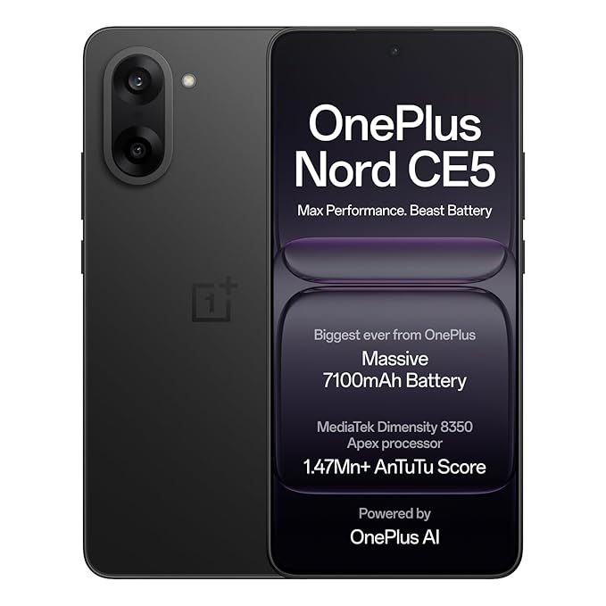 OnePlus Nord CE5 8GB  128GB, Massive 7100mAh Battery, MediaTek Dimensity 8350 Apex, Powered by OnePlus AI, Black Infinity