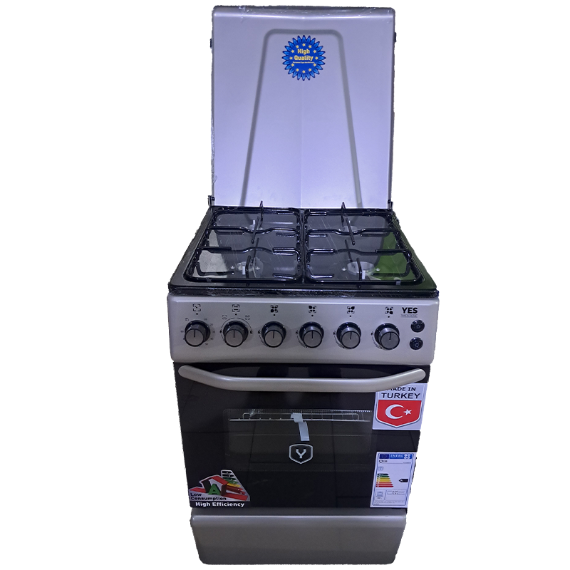 YES Full Gas Cooker 50x60cm YS-5640GTB; 4-Gas Burners, Gas Oven & Grill, Auto Ignition - Silver