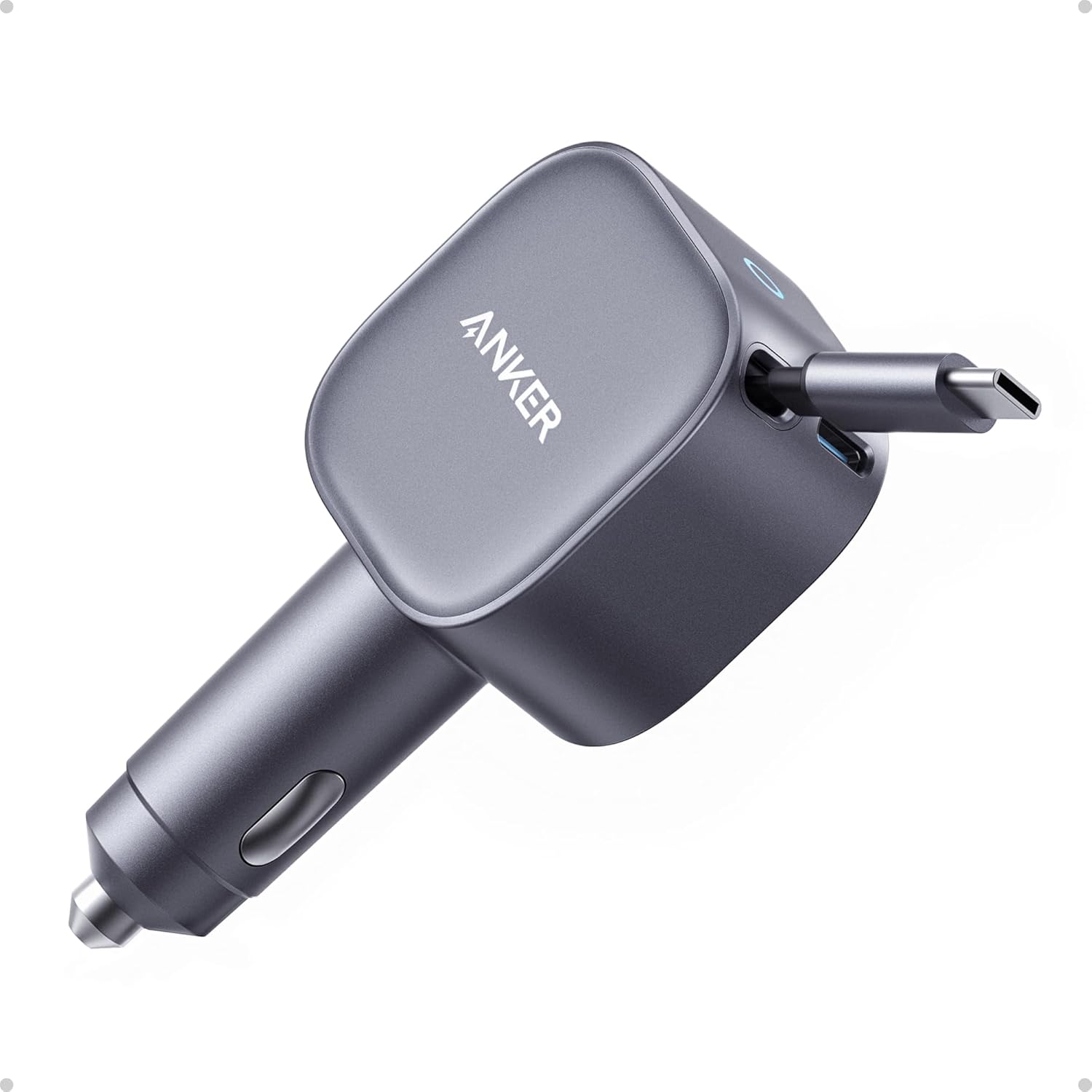 Anker USB-C Car Charger, 75W Max, Ultra-Compact, Type-C Fast Charger with Built-in Retractable USB-C Cable, Car Adapter for iPhone 16/15 Series, MacBook Pro/Air, iPad, Galaxy, AirPods, and More