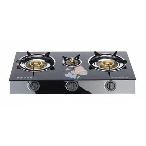 Besse Automatic Deluxe 3-Burner Glass Gas Stove with Electronic Ignition Split Furnace Frame VDE Plug- Black