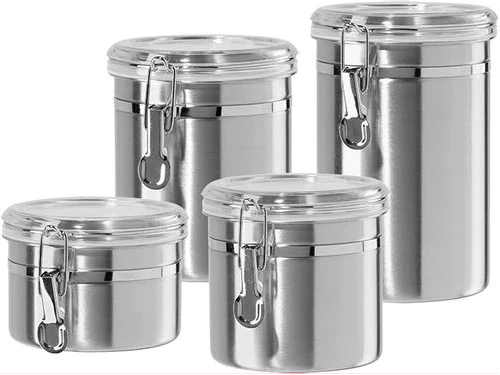 4-Piece Stainless Steel Canister Storage Tins With Acrylic Lid, Silver