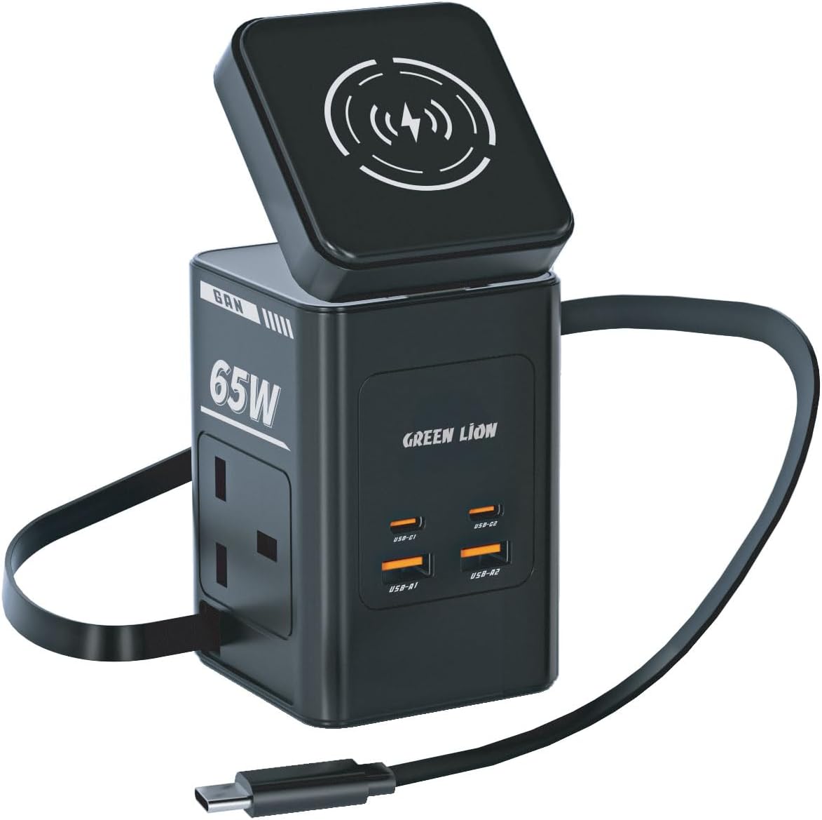 Green Lion 8-in-1 Power Station, PD 65W GaN Travel Adapter with 2 AC Outlets, Retractable USB-C Cable & 15W Wireless Charger compatible with MagSafe, for Laptop, Tablet, iPhone 16/15 / 14