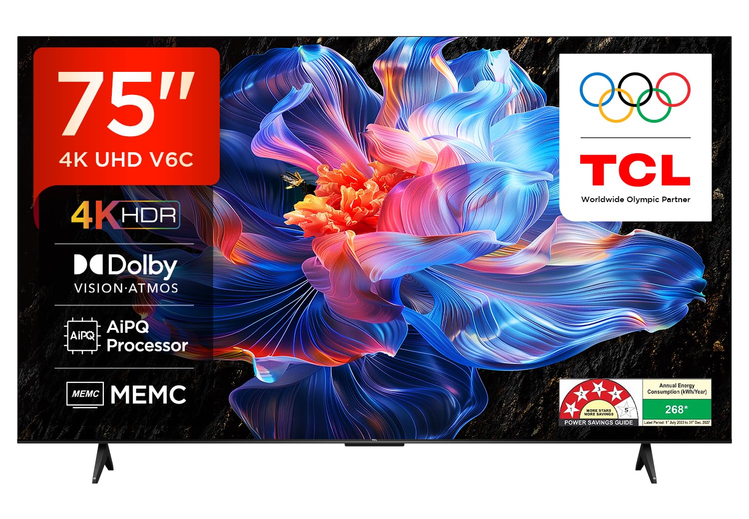 TCL 75 Inch UHD 4K HDR Google TV 75V6C; (2025 Model),120Hz Refresh Rate, Smart Android LED TV, AiPQ Processor, Works With Alexa, HDR10+, Motion Clarity, UniBody Design, Bluetooth, Youtube, Netflix, Pr