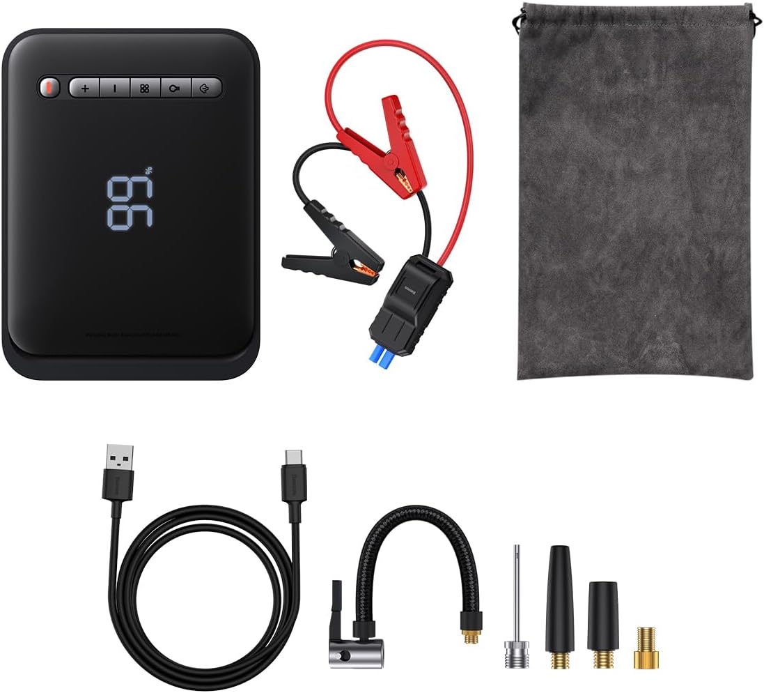 Baseus 2-in-1 Jump Starter with Air Compressor, LED Display 1000A Car Battery Charger (4.0L Gas or 2.5L Diesel) 12V Car Jump Starter Jumper Cables