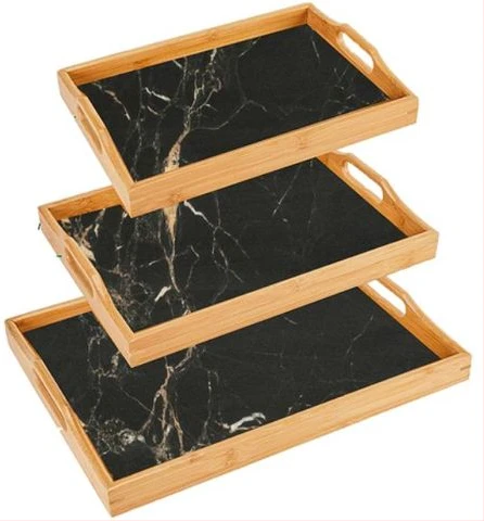 Marble Print Bamboo Tea Serving Tray - 3 Set- Black.