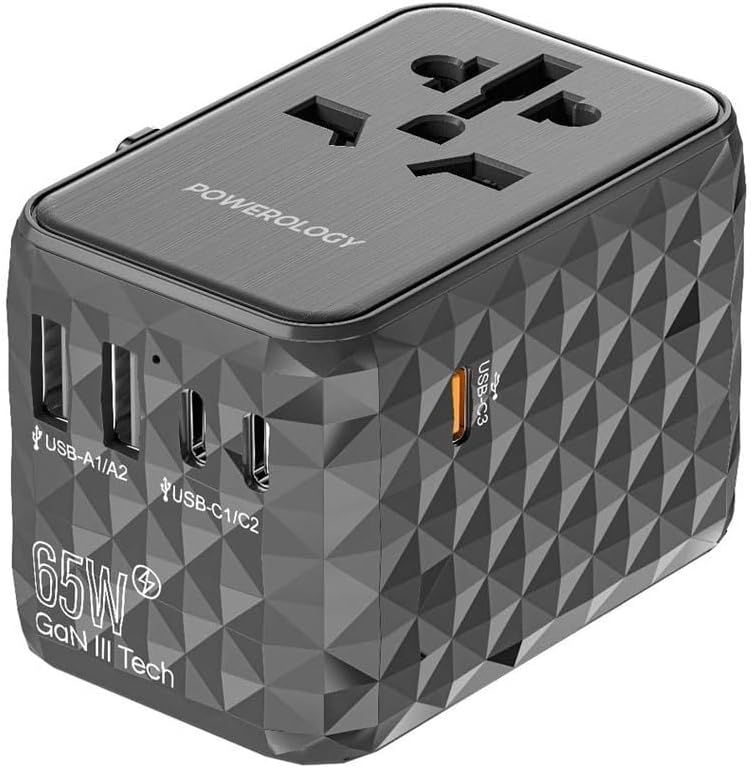 Powerology 65W Universal Multi-Port Travel Adapter, Gan Technology, 0% - 60% 35 Minutes, Support UK/US/EU/AUS Plug's, Laptop Charger, 3x Type_C and 2x Type_A Port's - Gray