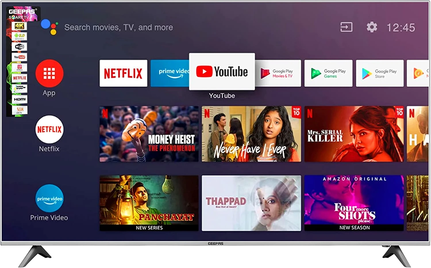 Geepas 50" Android Smart UHD 4K LED TV – Slim Led, 3.5mm, 2 HDMI & 2 Hi-High USB Ports