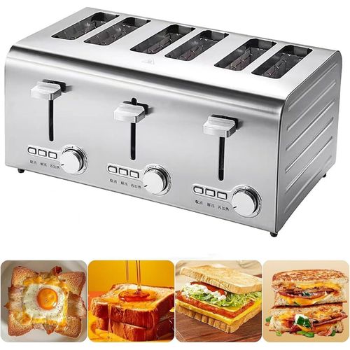 Commercial 6 slices Bread Toaster Auto Pop-Up (Independent & Extra wide slots with high lift, 7 Browning levels, Frozen/Cancel/Reheat function, Removable crumb tray, Brushed & Stainless Steel