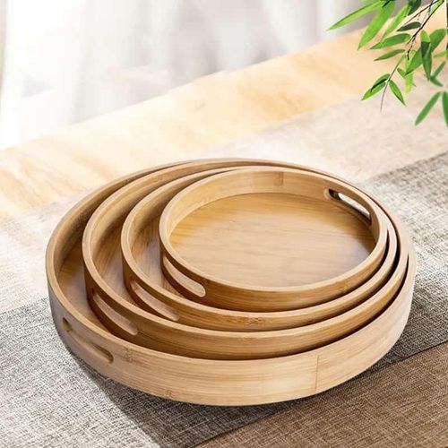 Set of 4 Bamboo Wood Natural Round Party Bar Serving Trays for Entertainment Food and Décor: Food Storage Raised Edge
