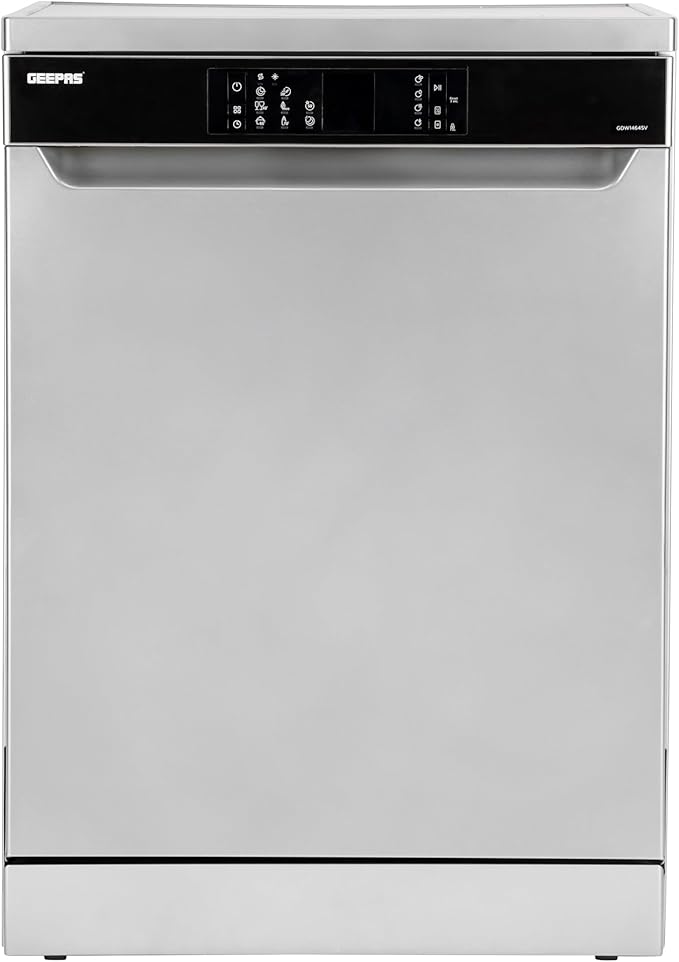 Geepas Free Standing Dishwasher- GDW1464SV/ 13 Place Setting Capacity, 2 Baskets, Stainless Steel Tub, 7 Programs, Quick, Intensive, Hygiene/Delay Timer, LED Display, Child Lock