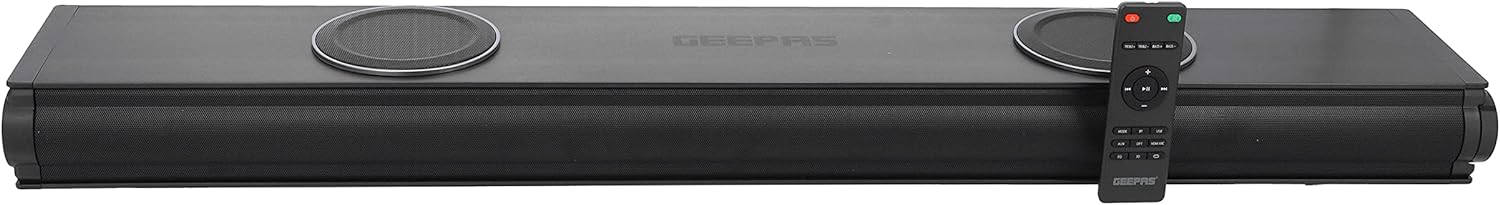 Geepas GMS11152 Portable Sound bar System 2.2CH 2 Inbuilt Sub Woofer with 3D Sound Technology USB/AUX/BT/HDMI/Remote Included Connect to TV, Mobile, Laptop & More, Black