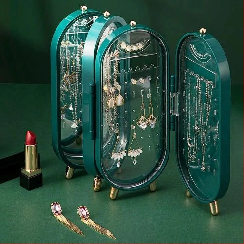 Earring Holder Stand Jewelry Storage Box for Women Foldable Acrylic Jewelry Display Stand Box Travel Rings Jewelry Case Rack With Mirror Necklace Organizer