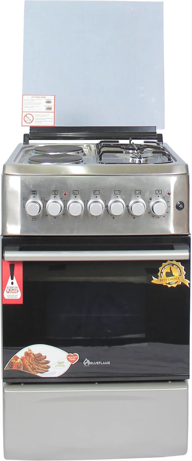 BlueFlame Cooker 50x55cm 2 Gas Burners And 2 Electric Plates SH5022E – I, Electric Oven, Auto Ignition, Thermostat, Oven Lamp - Inox