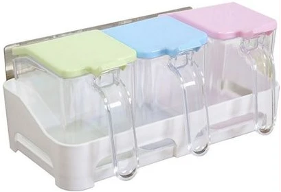3 Piece Wall-Mounted Plastic Sugar/Spice Storage Organizer Jars, Colourless