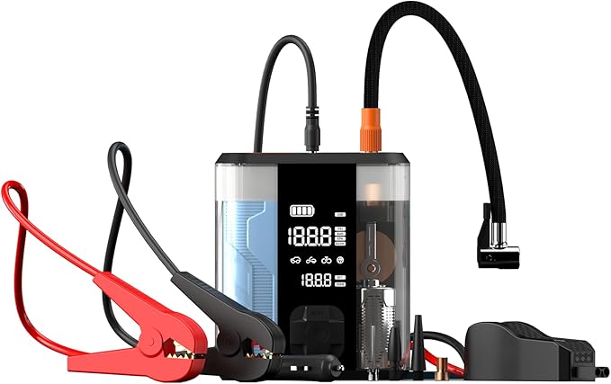 Powerology Portable Jump Start Air Compressor, 8800mAh Battery, 150PSI Pressure, 5L Petrol & 3L Diesel Engine Supported, Dual USB Output, 21.6W PD Chargning, Digital Display - Transparent