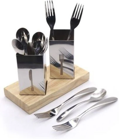 Spoons, Forks Cutlery Storage Holder Draining Rack On Bamboo Base -Silver.