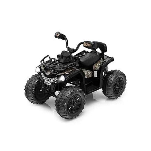 Kids ATV, 12V Battery Powered Electric Vehicle w/ Music, Headlights, MP3, Spring Suspension, High & Low Speed, Treaded Tires, Storage Basket, Ride on 4 Wheeler Quad for 3-8 Years Old