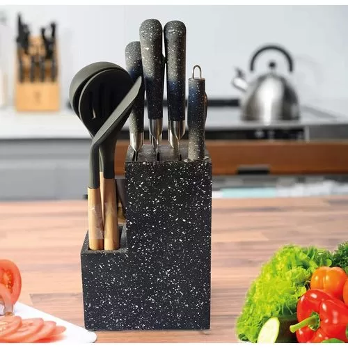 Bass 11 Piece Stainless Steel Modern Knife Set On Block Stand And Utensil Set With with cleaver Scissors Bread Knife Steak Knife Sharpener- Multicolor
