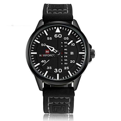 Naviforce Men's Dated Analog Leather Strapped Designer Wrist Watch - Black
