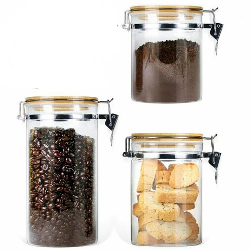 3PC Airtight Storage Pantry Food Glass Jars with Bamboo Clamp Lids- Clear.