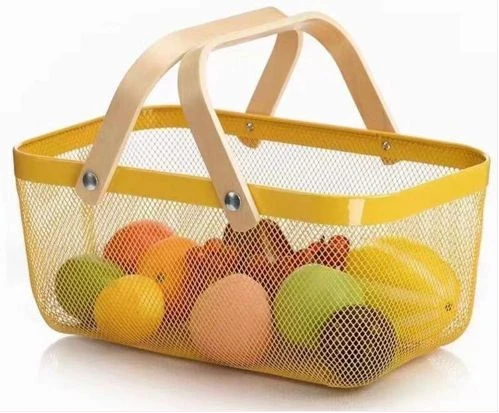 Rectangle Metal Mesh Fruit Shopping Wooden Handle Storage Basket- Multi-colour.