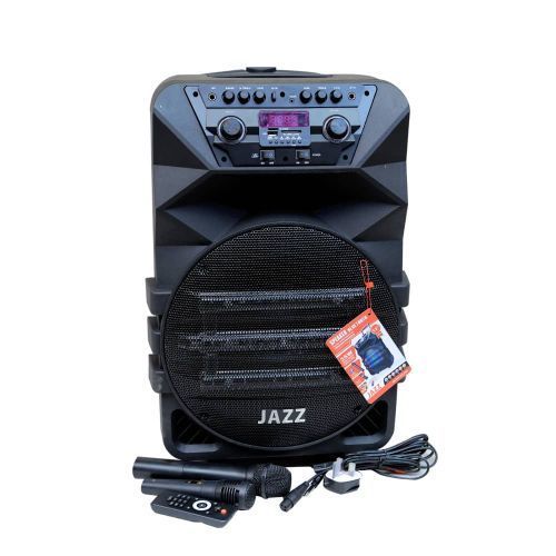 Jazz Dual 15" Amplified Public Address Speaker Rechargeable With 2 Wireless Microphones, 50W, Guitar Plug, Radio, USB, SD, Bluetooth, AUX, LED Light, Remote Control - Black