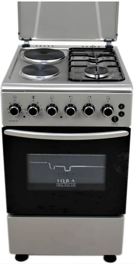 IQRA Cooker 50x60cm, IQ-C2022-SS; 2-Gas + 2-Electric Cooker, Auto Ignition, With Electric Oven, Grill & Rotisserie - Stainless Steel