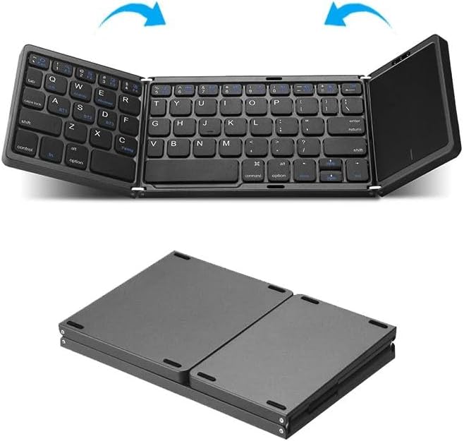 Portable folding keyboard with touchpad, rechargeable and foldable, suitable for travel, compatible with laptops, tablets, smartphones, and Windows iOS Android systems. (BLACK), B089T