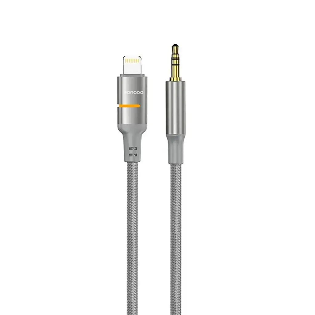 Porodo AUX to Lightning Head Cable with LED Light, 1.2m Cable Length, Universal Compatibility, Braided Cable Type, Tangle-Free Design - Gray