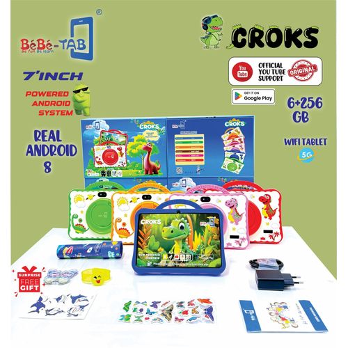 BEBE TAB Crocks Kids Tablet, 7 inch IPS WiFi Model Quad Core Android 13 Tablet 6GB RAM+256GB 3500 mAh KidsTablet with Shockproof Case, Parental Control, 2MP+2MP 5G Camera, Kid App Pre-Installed Tablet