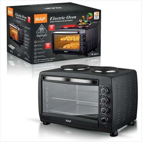RAF 55 Litre Electric Oven Household Electric Baking Ovens Heat Evenly With Stainless Tray Electric Bread Oven Visual Glass Door Time Temperature Control Rotary button With Two Hot Plates- Multicolor