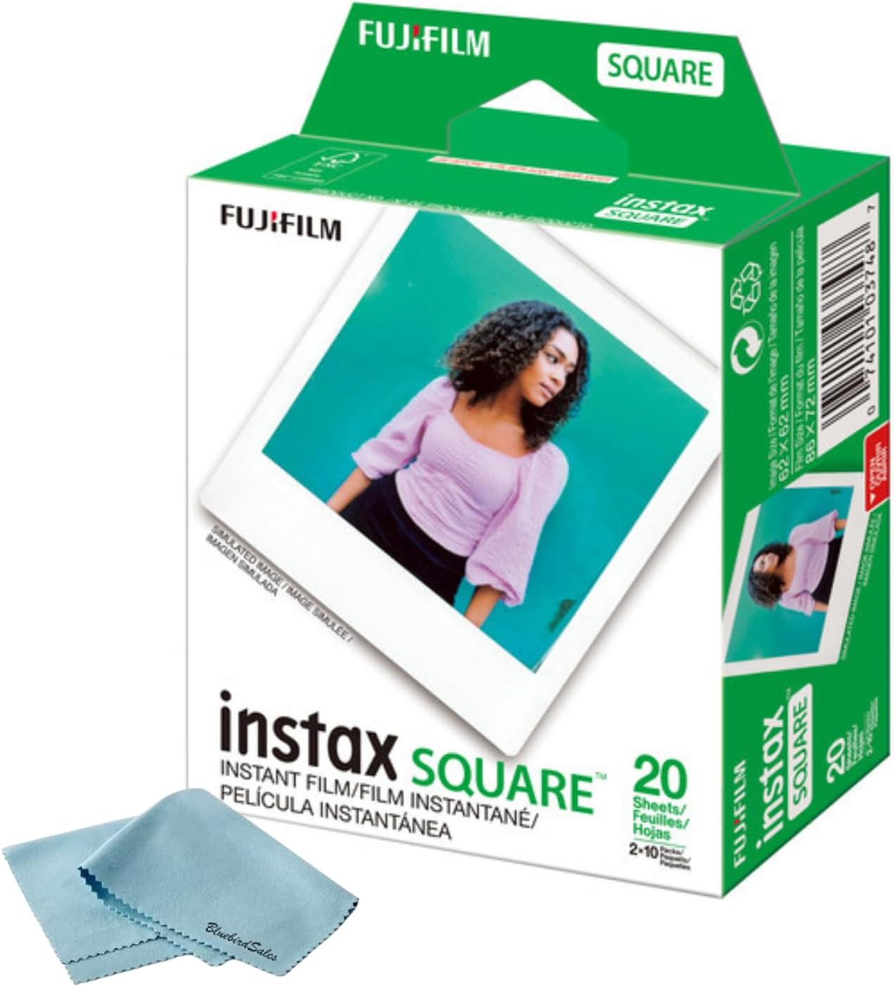 Fujifilm Instax Square Instant Film - 20 Exposures (20 Sheets) - for Fujifilm instax Square Instant Camera + BluebirdSales Microfiber Cloth Value Bundle