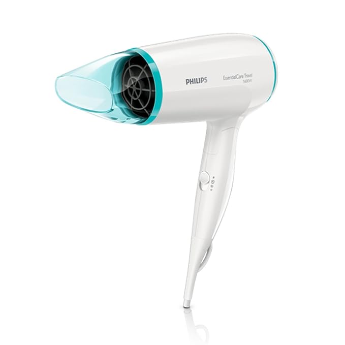 Philips EssentialCare Travel Hair Dryer BHD006, 1600 Watts For Gentle Drying, Cool Shot For Hair Styling, Thermo Protect, Quieter Drying, Easy Storage Handle