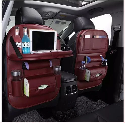Leather Car Backseat Organizer with Foldable Table Tray, Babies Toys Storage Holder, Maroon