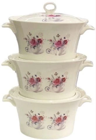 3 Piece Pink Flowered Soup Food Serving Dishes Bowls Casserole Pots- White