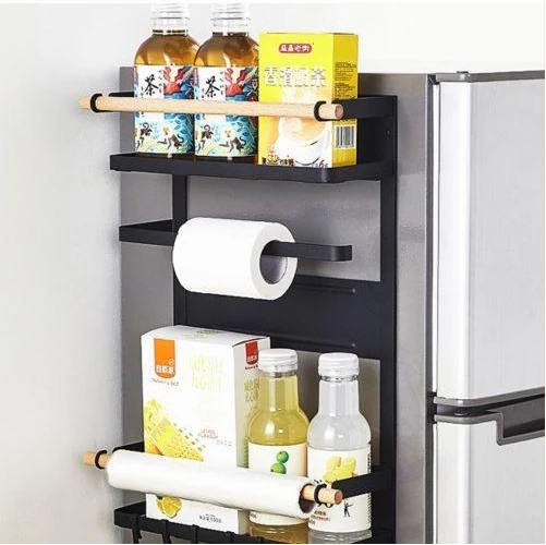 Magnetic Fridge Side Shelf Storage Organizer, Spice Rack Hanger 6 Hooks -Black