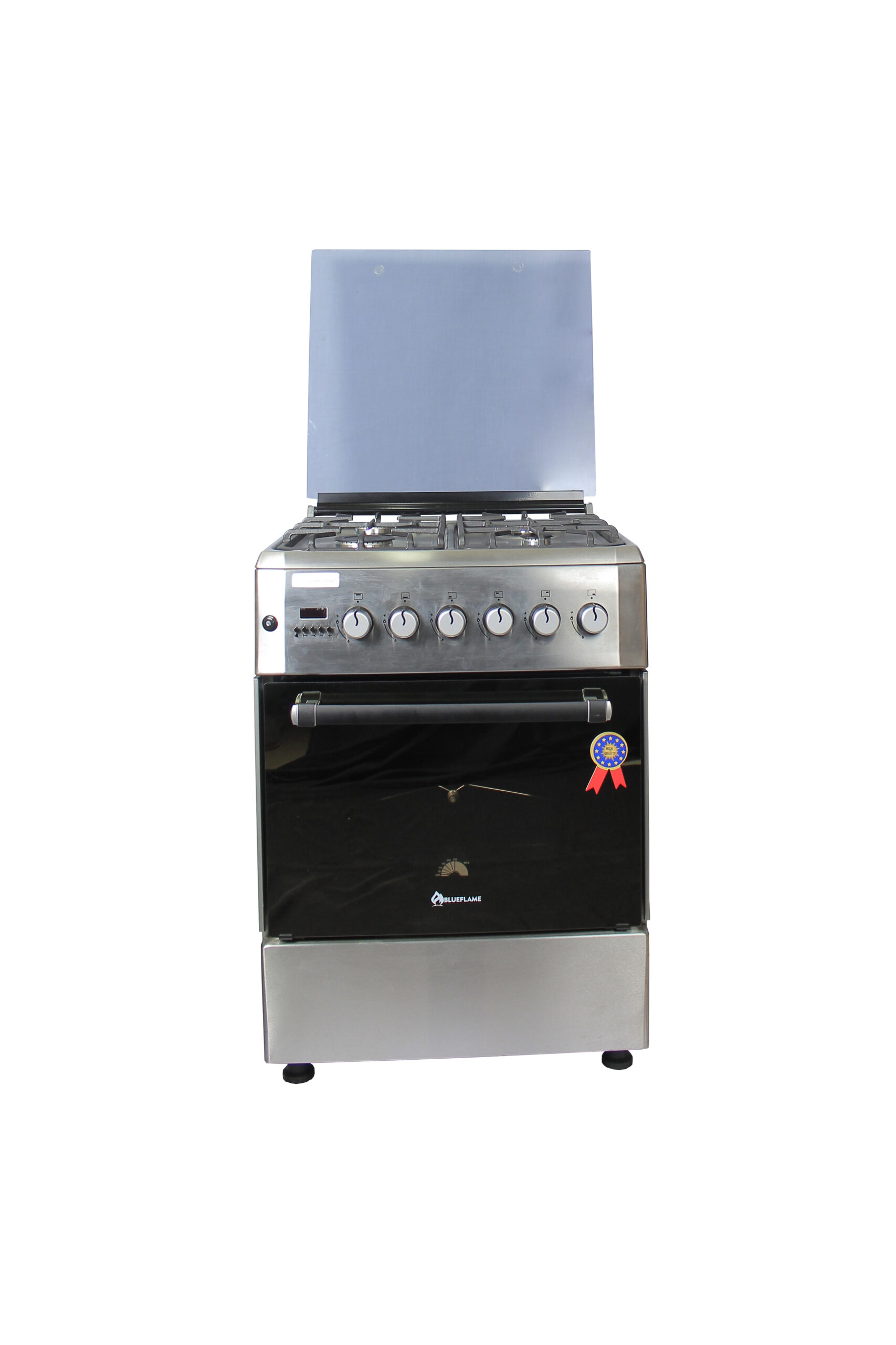Blueflame 60x60cm Diamond Cooker; Full Gas, 4 Gas Burners, D6040GRF; Gas Oven & Grill, Digital Timer, Thermostat, Oven Lamp, Cast Iron Pan Supports, Rotisserie, Auto Ignition – Inox