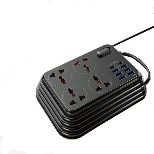 MOXOM MX-ST06 2m Wall Extension Plug Cord with 4 UK Smart Power Socket Outlets, 6 USB and 2 Type-C Chargers 3.4A - Black