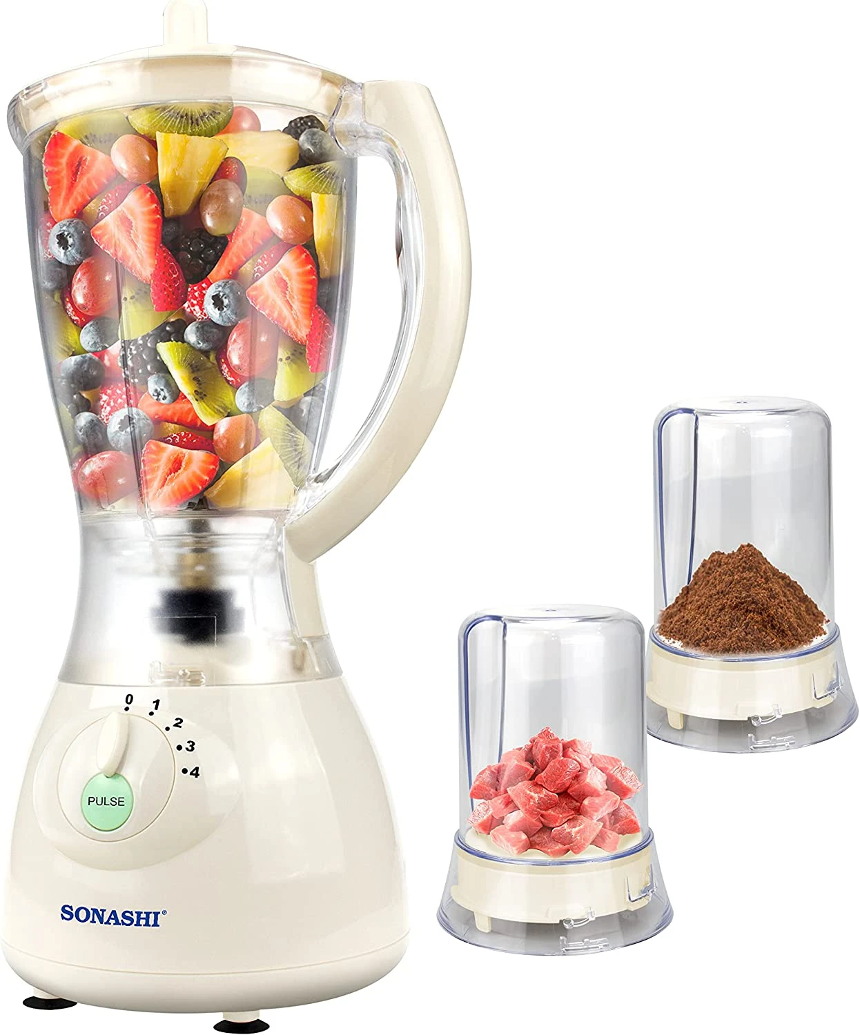 SONASHI 3 in 1 Blender SB-133 – 4 Speed, 550W Countertop Blender Mixer Grinder with Overheating Protection, 1.5L Unbreakable Jar, Mincing Cup, Grinding Cup