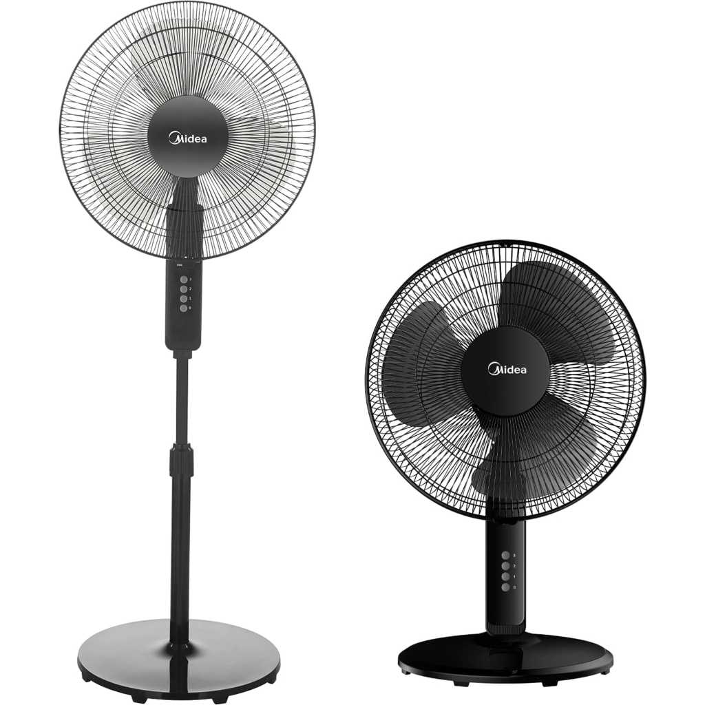 Midea Convertible  Pedestal Stand Fan with SQD Motor, 16 inch, 3D Oscillation Directions, 3 Speed Levels & Adjustable Height, 3 Leaf Blade with 7.5 Hours Timer, Best for Home & Office, Black, FS4019K