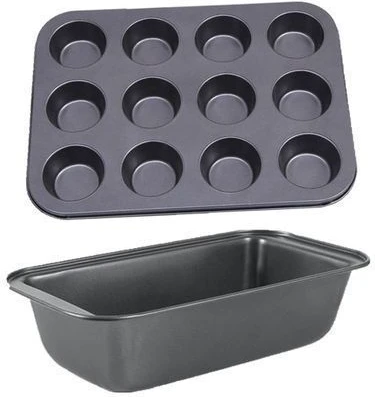 Bread Baking Pan And Cupcake Baking Tray Set - Black